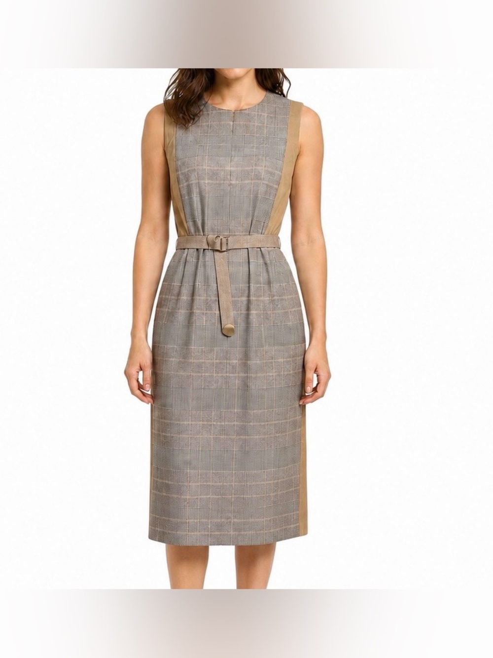 Akris Punto Glen Check Plaid Wool Belted Midi Dress Tan Black Size 8